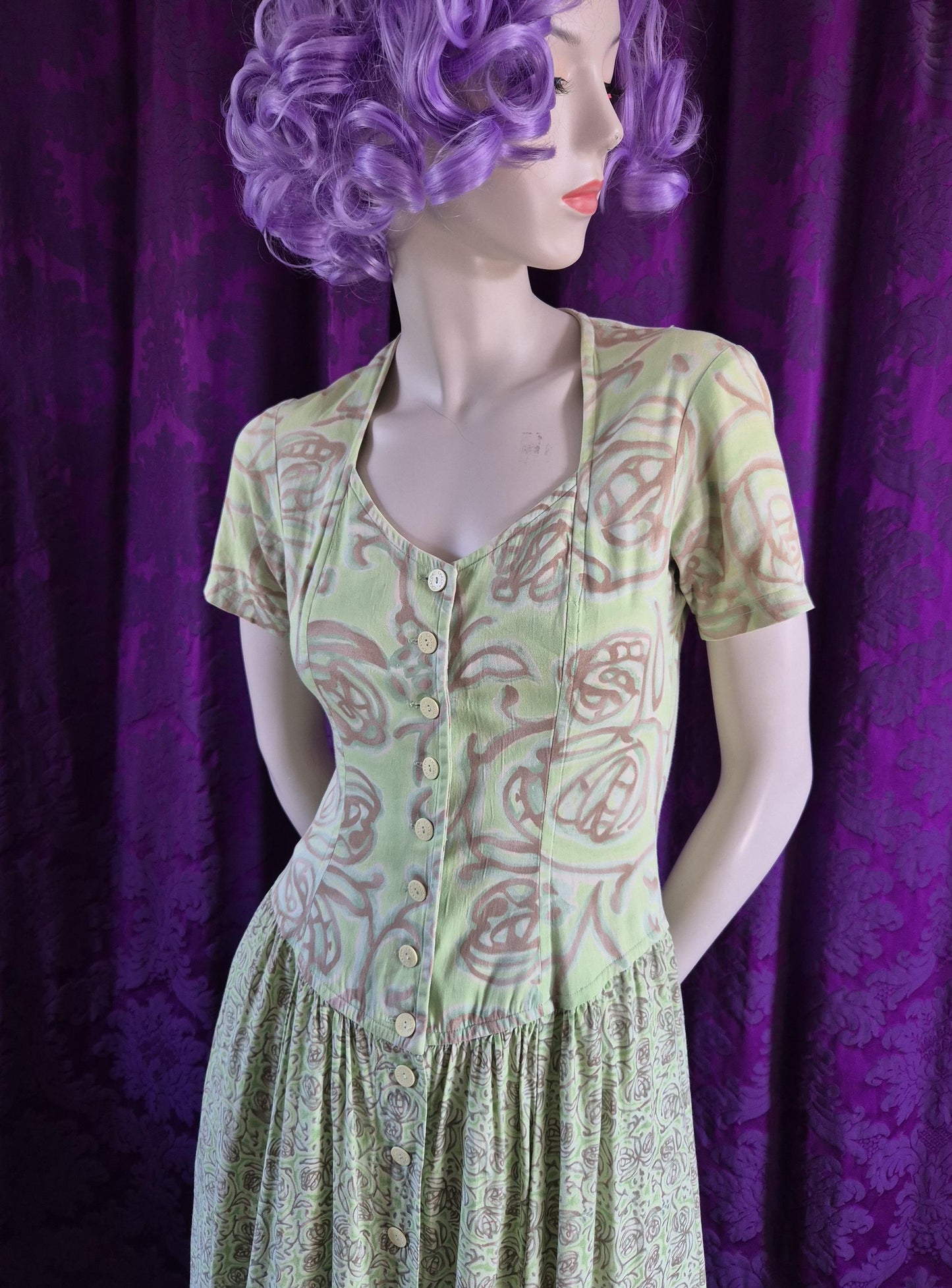 Chacok 1980s Pale Green Floral Dress