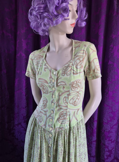 Chacok 1980s Pale Green Floral Dress