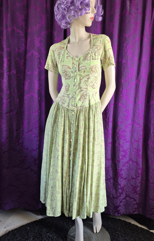 Chacok 1980s Pale Green Floral Dress