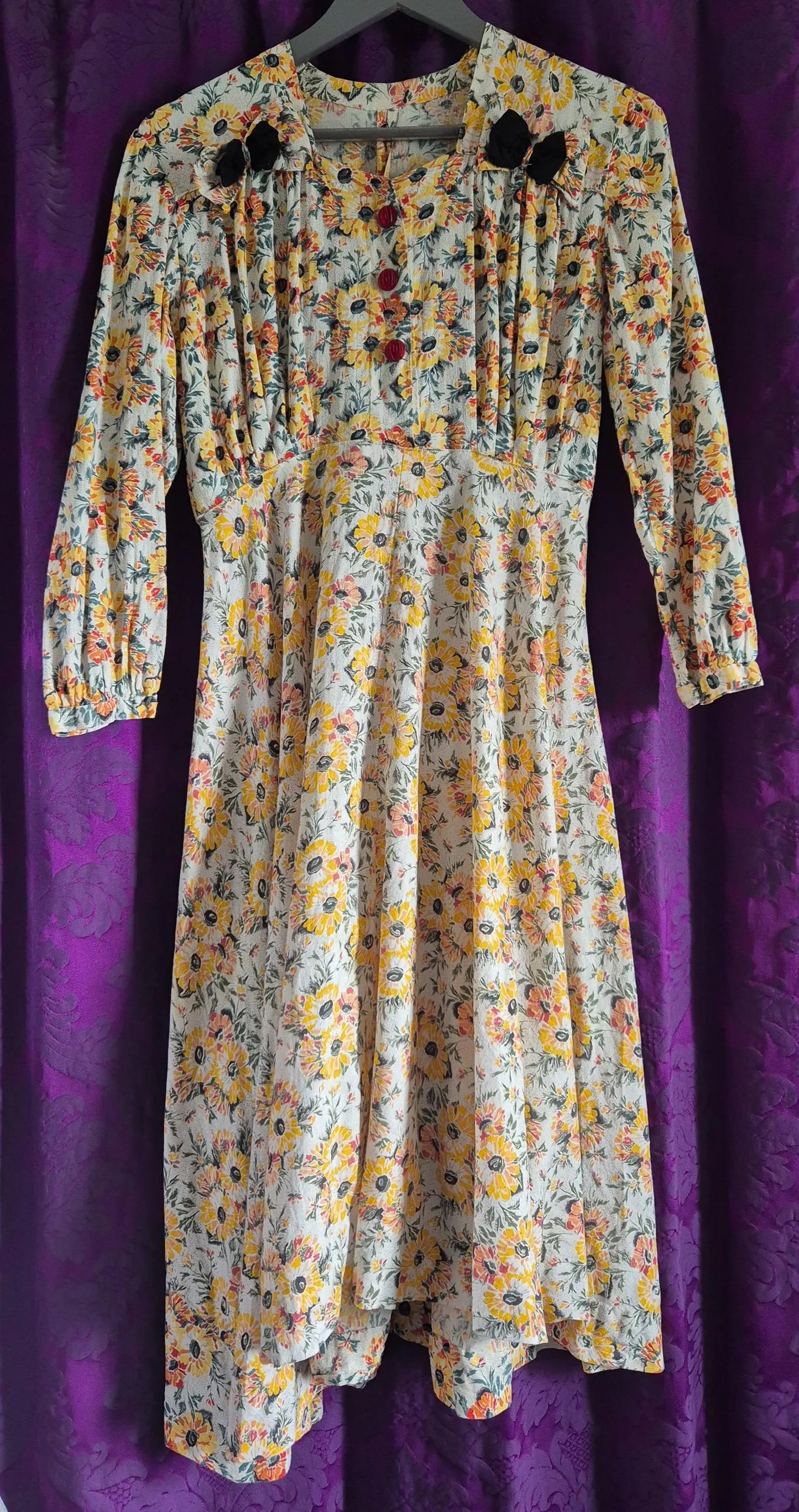 Vintage 1940s Yellow Floral Cotton Day Dress