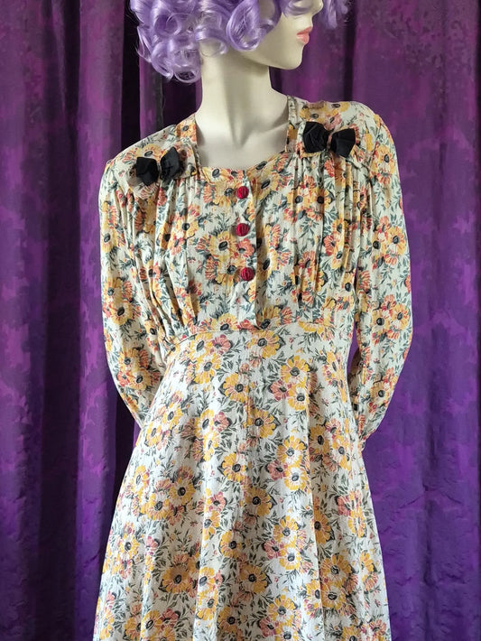 Vintage 1940s Yellow Floral Cotton Day Dress