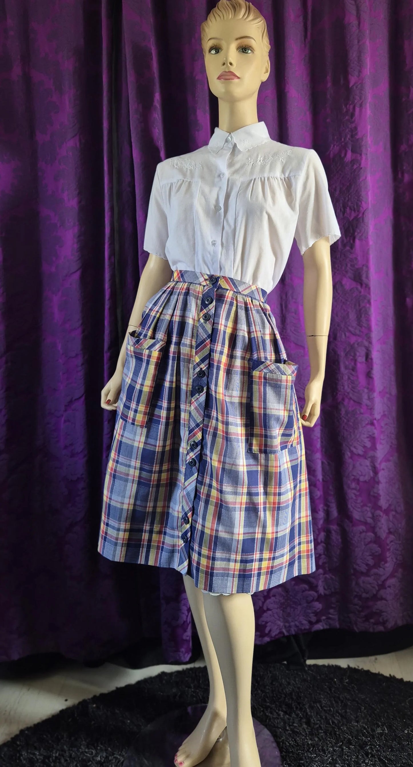 Vintage 1970s Checked Full Skirt with Pockets