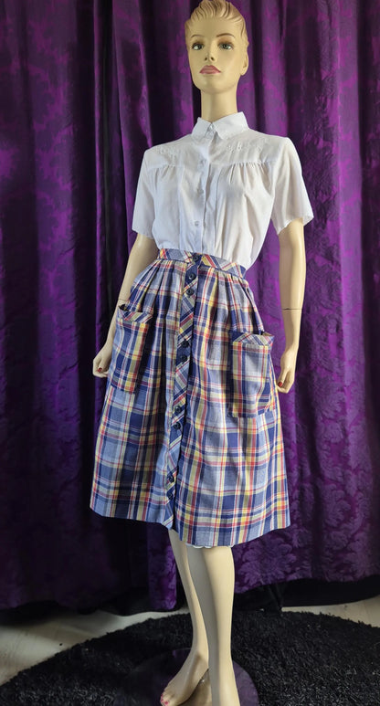 Vintage 1970s Checked Full Skirt with Pockets