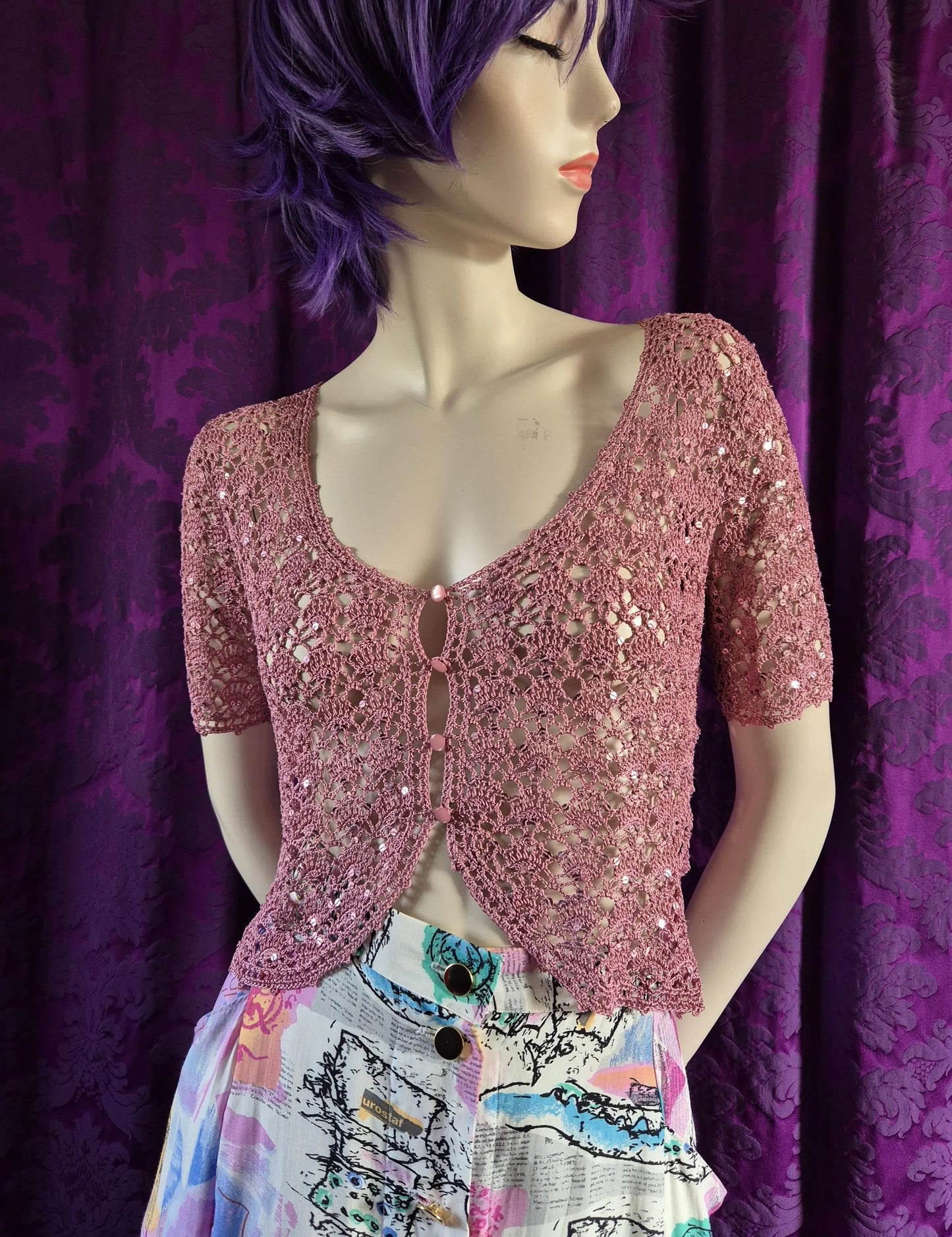 Vintage 1990s Betsey Johnson New York Pink Crocheted Cardigan