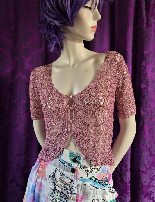 Vintage 1990s Betsey Johnson New York Pink Crocheted Cardigan