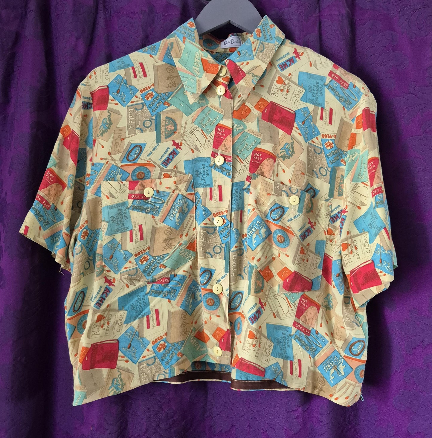 Vintage Betty Barclay Retro Matchbooks Print Cropped Blouse