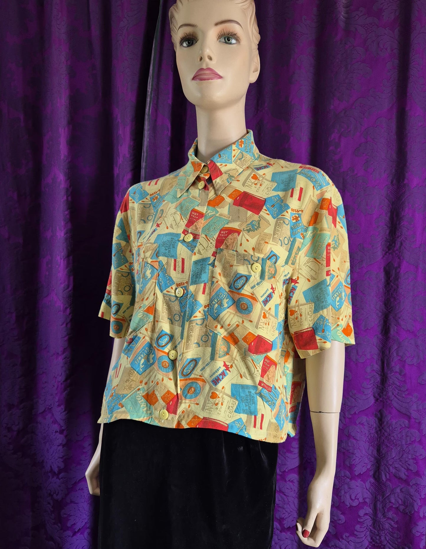 Vintage Betty Barclay Retro Matchbooks Print Cropped Blouse