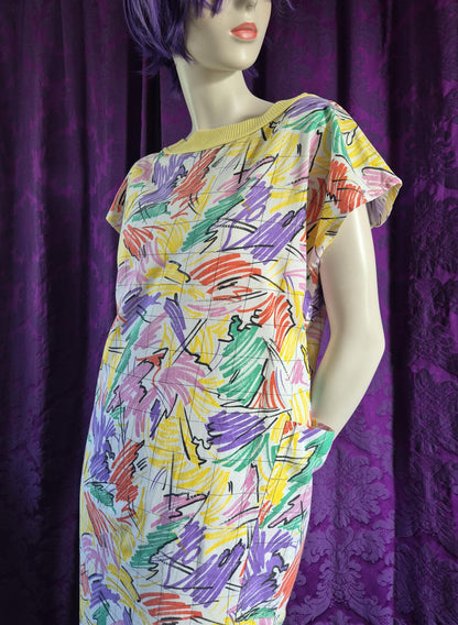 Vintage 1980s Crayon Print Cotton Dress