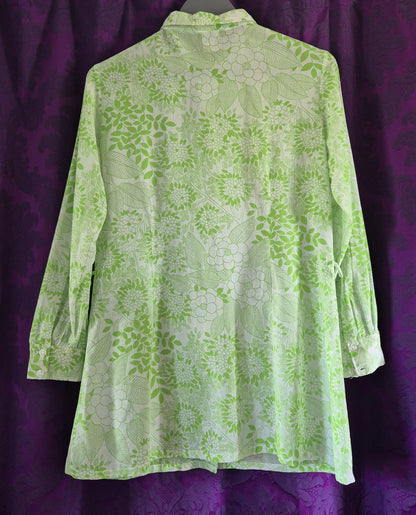 Vintage 1970s Bright Green Floral Print Tunic Blouse