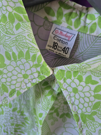 Vintage 1970s Bright Green Floral Print Tunic Blouse