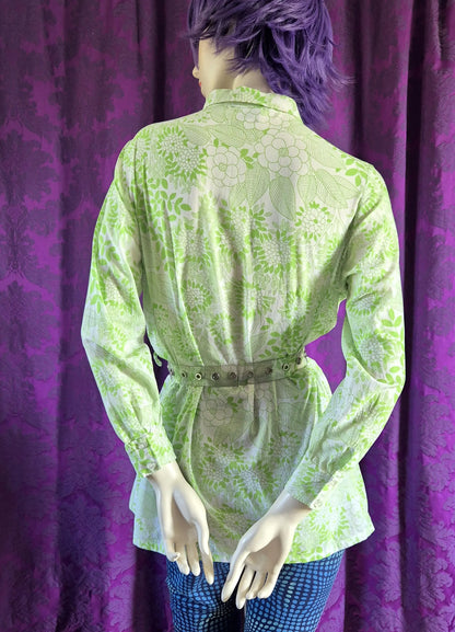 Vintage 1970s Bright Green Floral Print Tunic Blouse