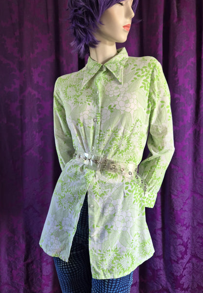 Vintage 1970s Bright Green Floral Print Tunic Blouse