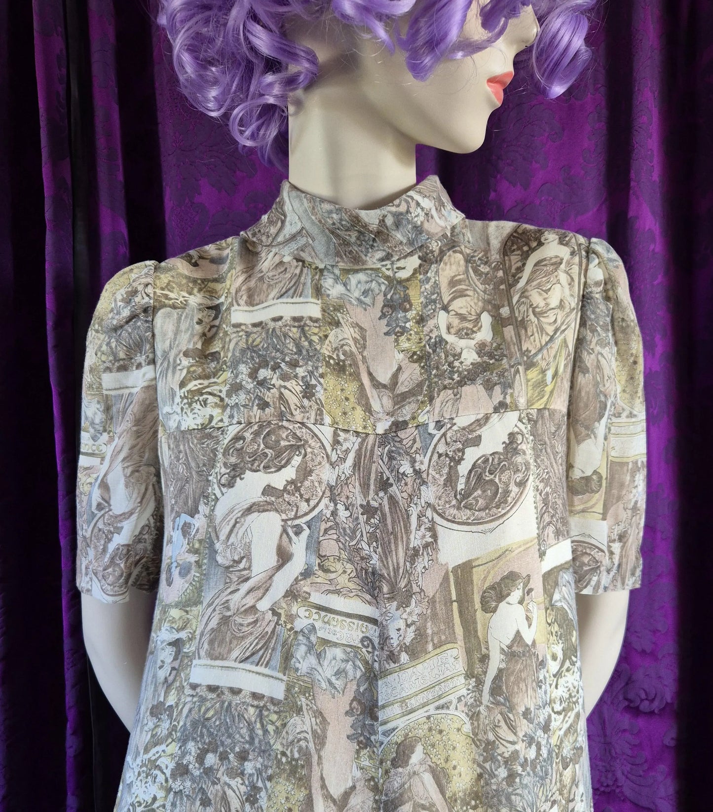 Vintage 1970s Art Nouveau Collage Print Maxi Dress