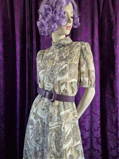Vintage 1970s Art Nouveau Collage Print Maxi Dress