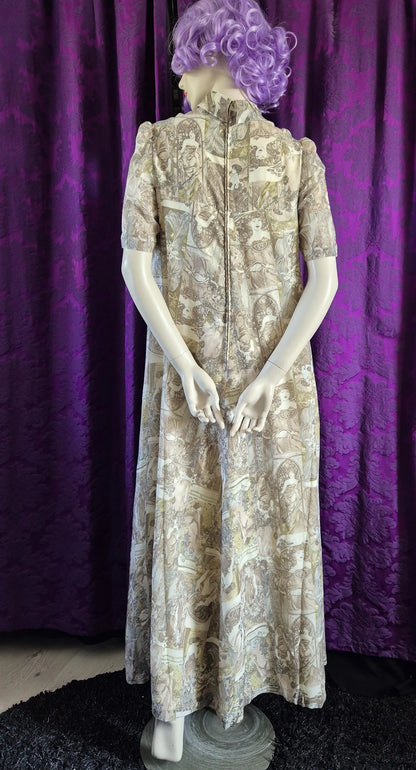 Vintage 1970s Art Nouveau Collage Print Maxi Dress