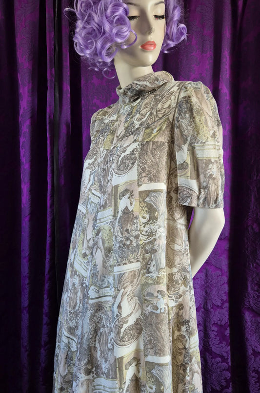 Vintage 1970s Art Nouveau Collage Print Maxi Dress