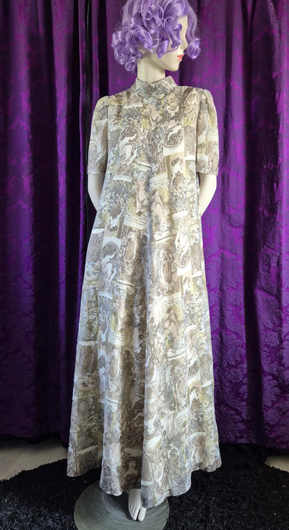 Vintage 1970s Art Nouveau Collage Print Maxi Dress