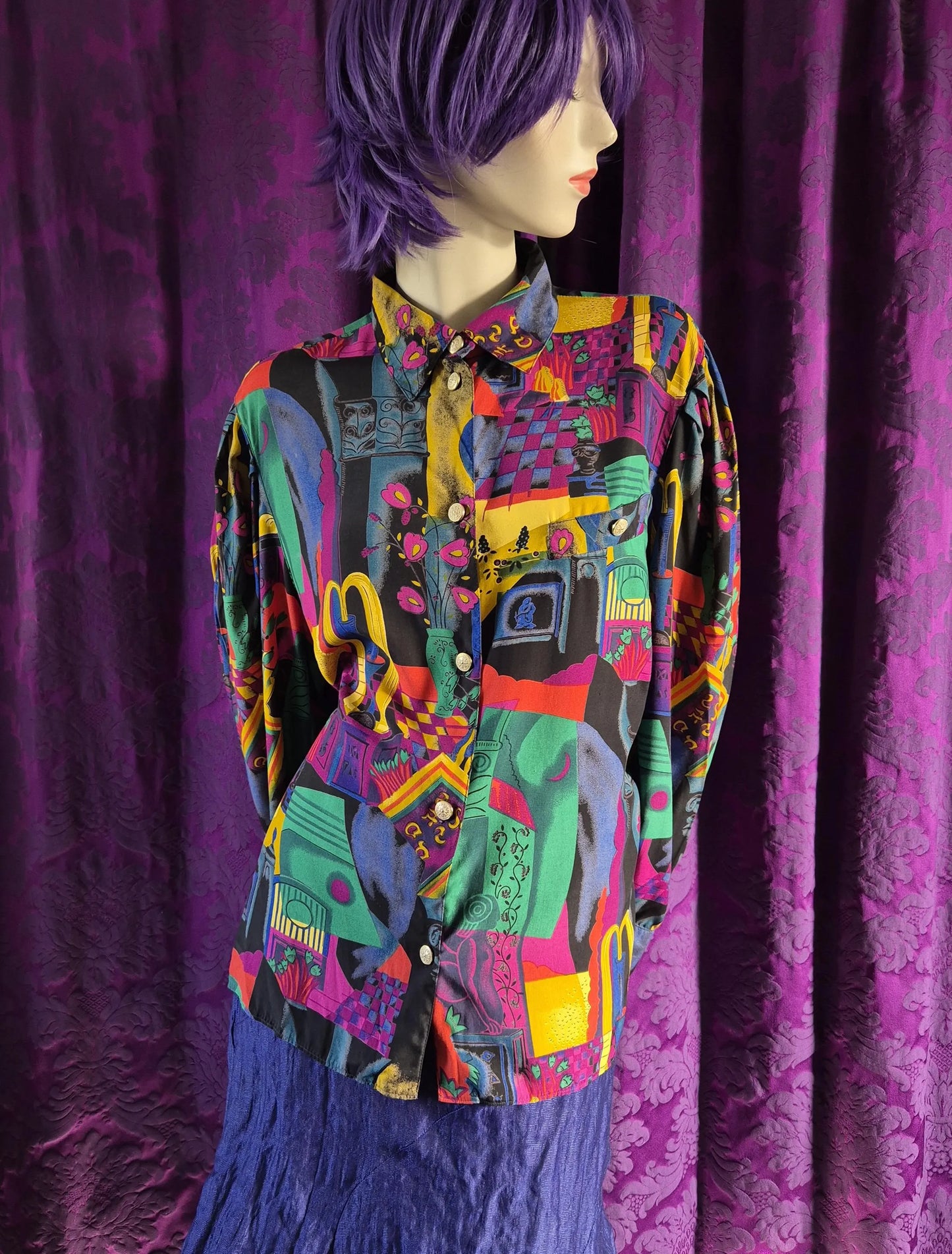 Vintage 1990s Colourful Art Collage Print Blouse