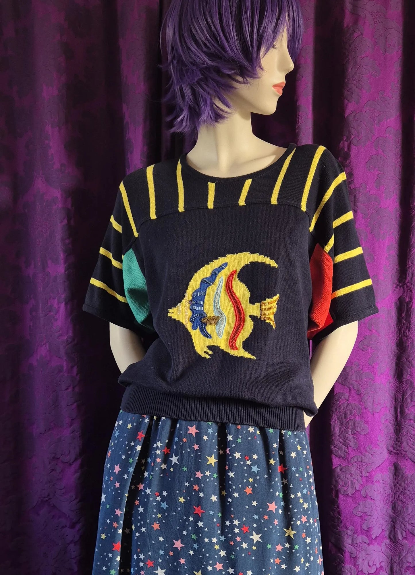Vintage 1980s Novelty Angel Fish Beaded Jumper