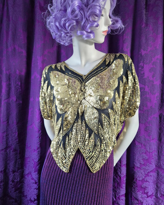 Vintage 1980s  Gold Butterfly Sequin Party Top