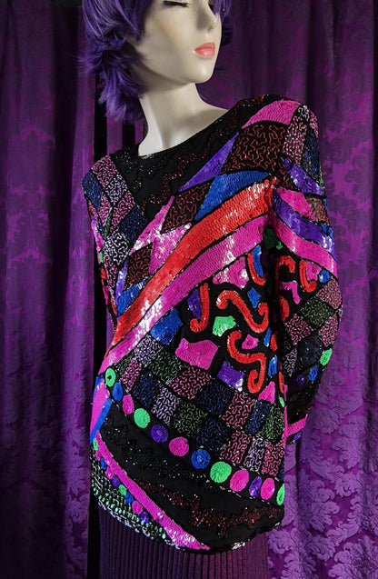 Vintage 1990s Sequin & Beads Abstract Tunic Top