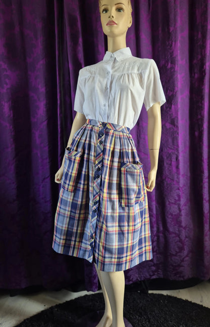 Vintage 1970s Checked Full Skirt with Pockets