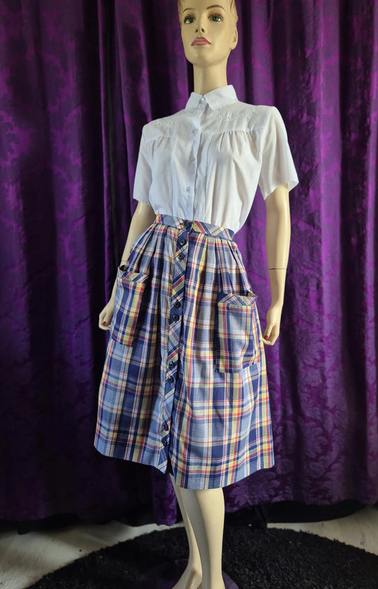 Vintage 1970s Checked Full Skirt with Pockets