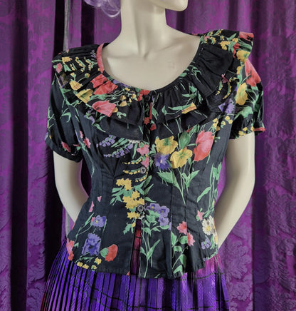 Vintage Ruffled Cotton Floral Coquette Blouse