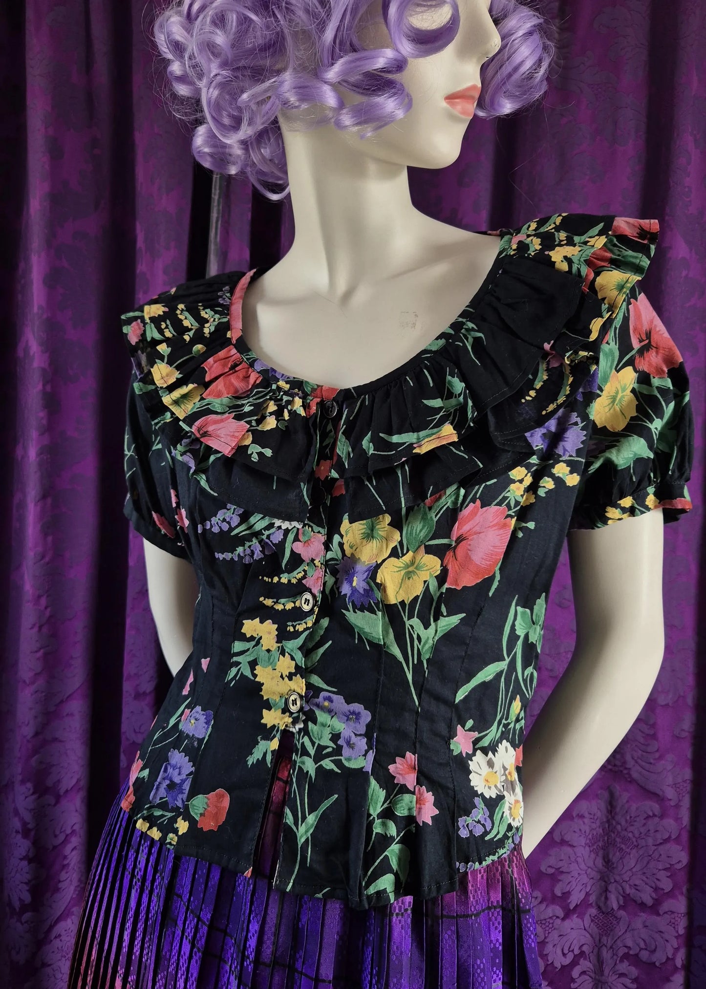 Vintage Ruffled Cotton Floral Coquette Blouse
