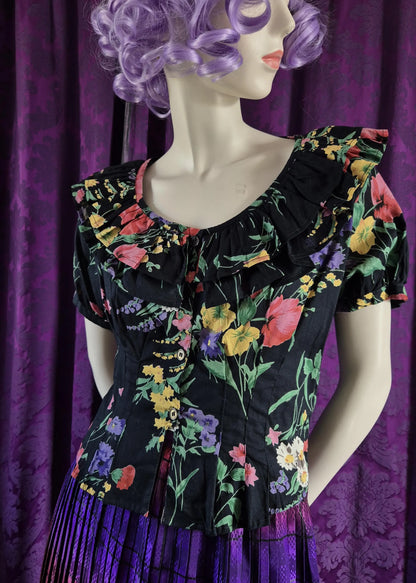 Vintage Ruffled Cotton Floral Coquette Blouse