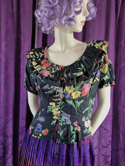 Vintage Ruffled Cotton Floral Coquette Blouse