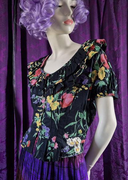 Vintage Ruffled Cotton Floral Coquette Blouse