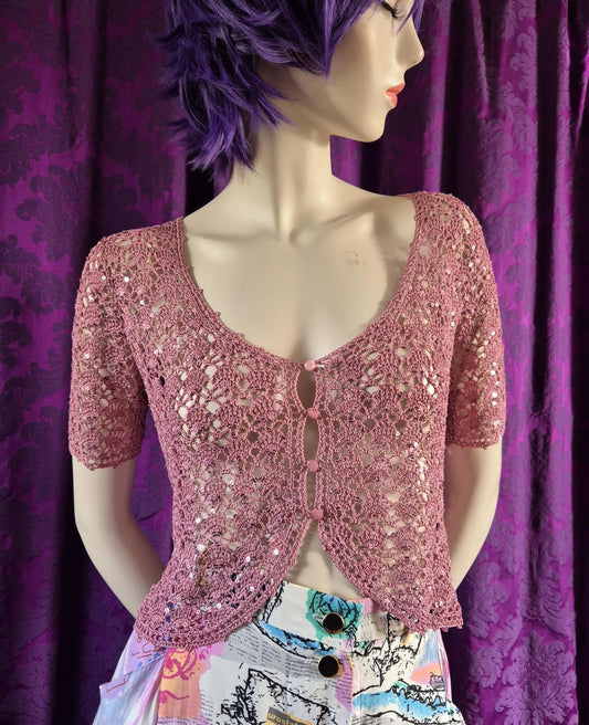 Vintage 1990s Betsey Johnson New York Pink Crocheted Cardigan