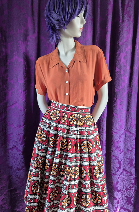 Vintage Folk Floral Barkcloth Skirt