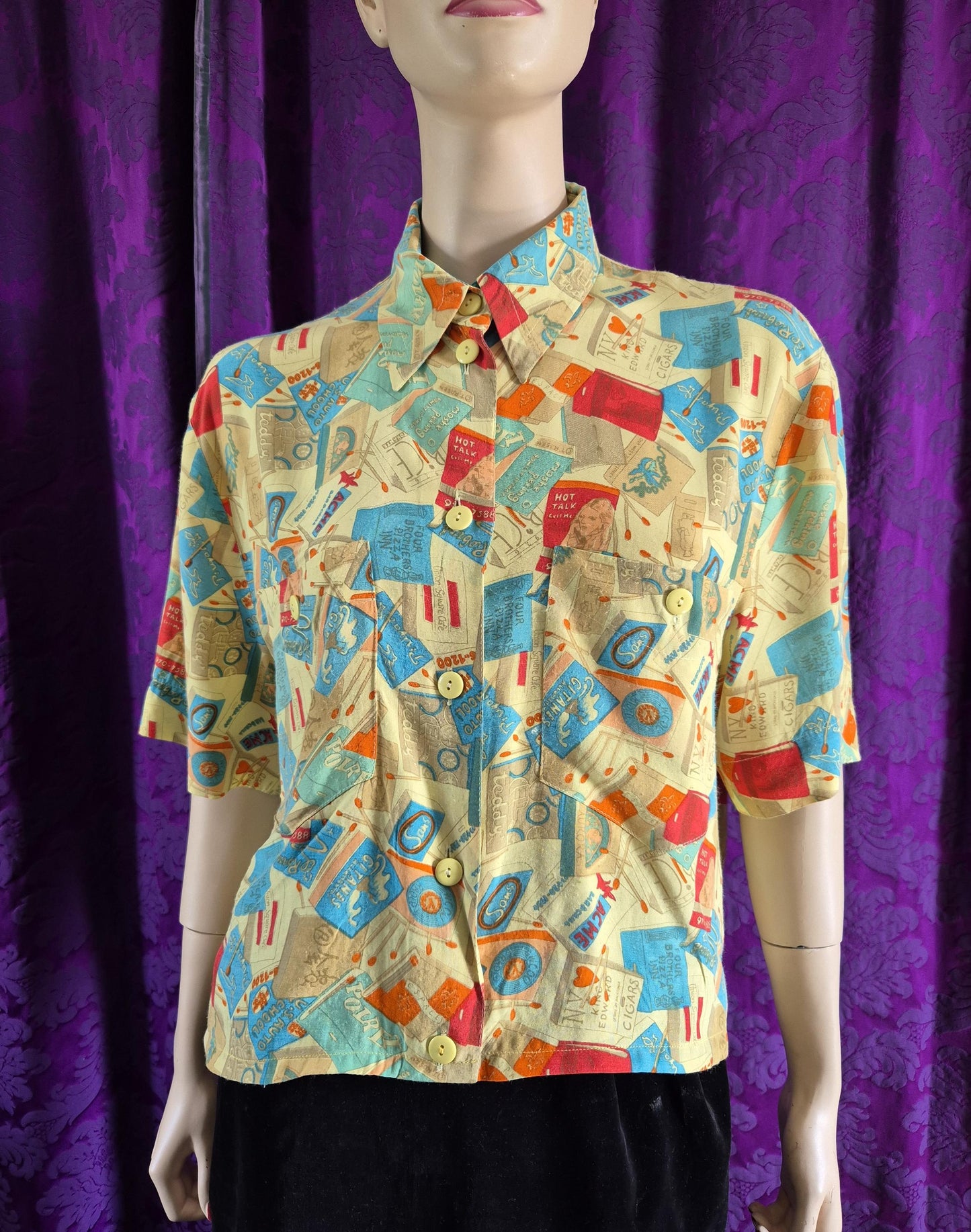 Vintage Betty Barclay Retro Matchbooks Print Cropped Blouse