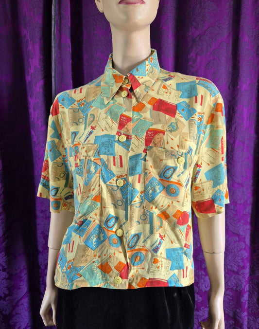 Vintage Betty Barclay Retro Matchbooks Print Cropped Blouse