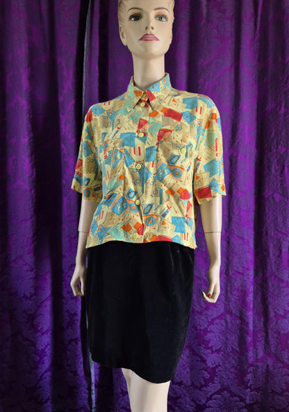 Vintage Betty Barclay Retro Matchbooks Print Cropped Blouse