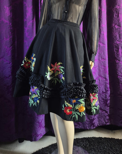 Vintage 1950s Embroidered Ruffled Folkloric Circle Skirt