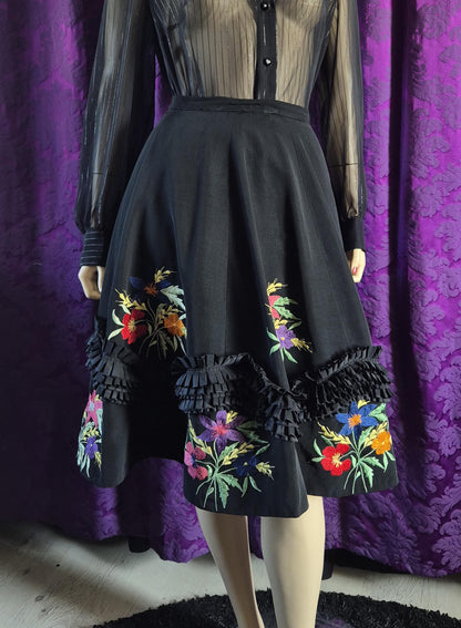 Vintage 1950s Embroidered Ruffled Folkloric Circle Skirt