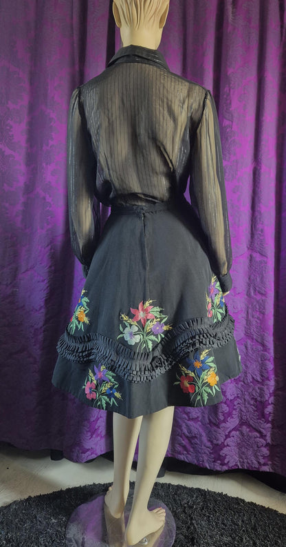 Vintage 1950s Embroidered Ruffled Folkloric Circle Skirt