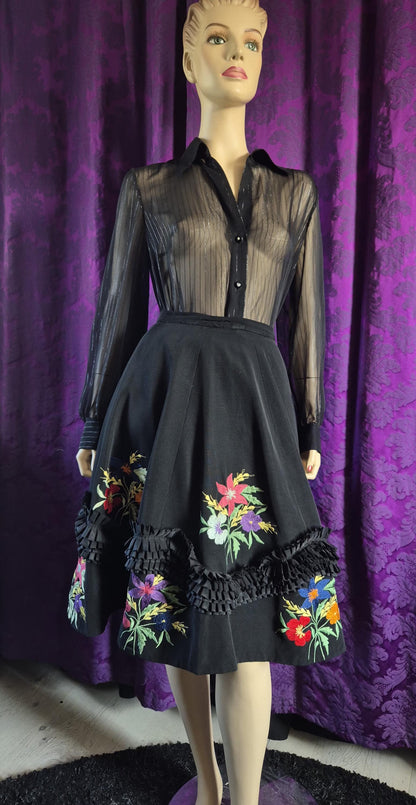 Vintage 1950s Embroidered Ruffled Folkloric Circle Skirt