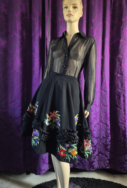 Vintage 1950s Embroidered Ruffled Folkloric Circle Skirt