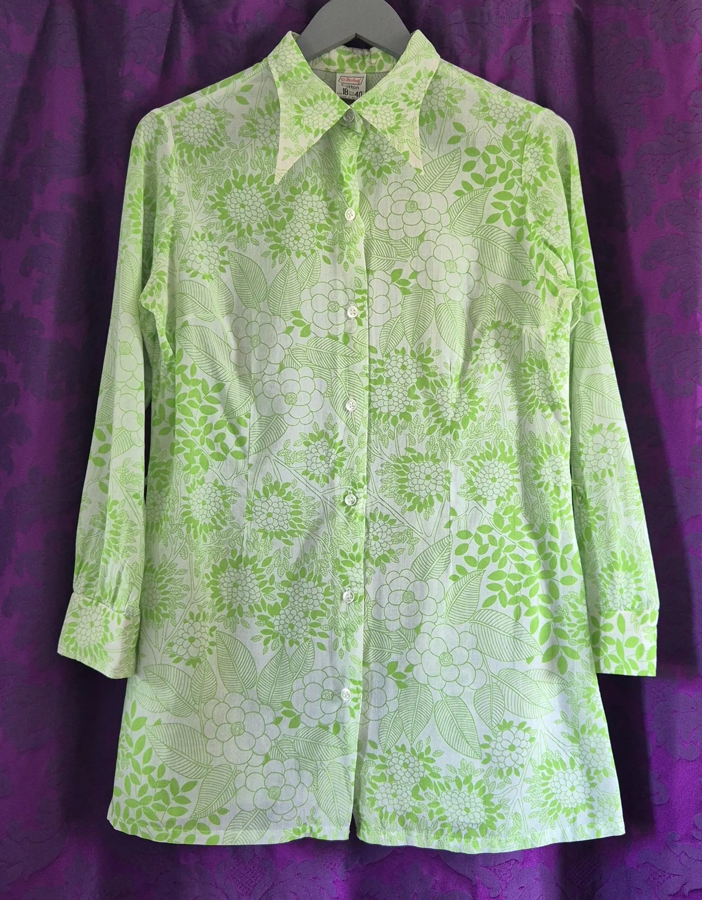 Vintage 1970s Bright Green Floral Print Tunic Blouse