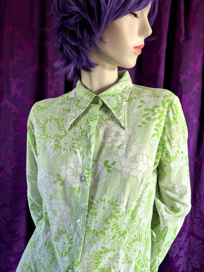 Vintage 1970s Bright Green Floral Print Tunic Blouse