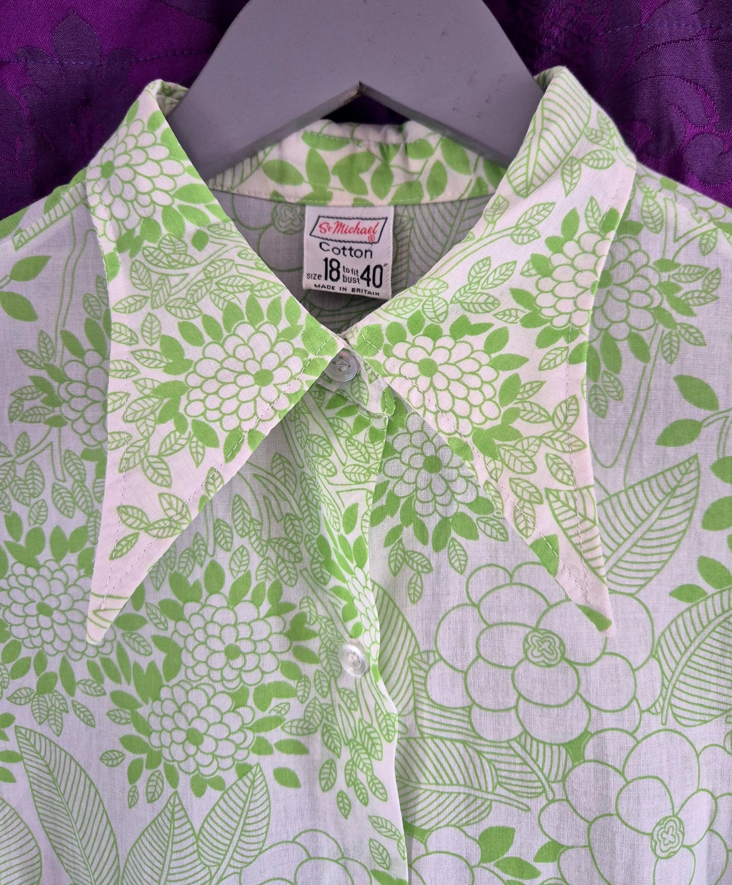 Vintage 1970s Bright Green Floral Print Tunic Blouse