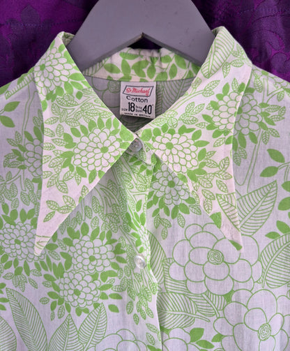 Vintage 1970s Bright Green Floral Print Tunic Blouse