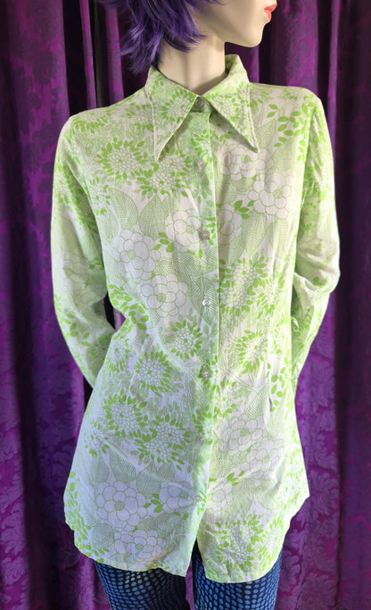 Vintage 1970s Bright Green Floral Print Tunic Blouse