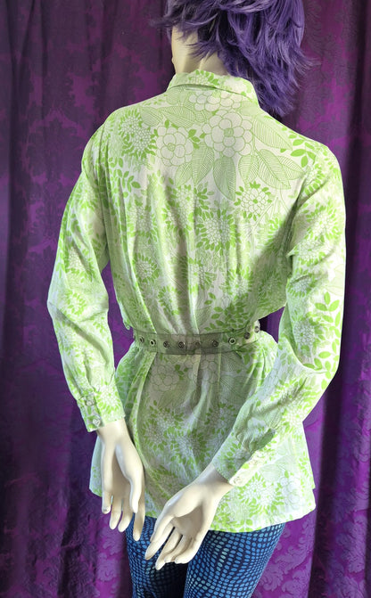 Vintage 1970s Bright Green Floral Print Tunic Blouse