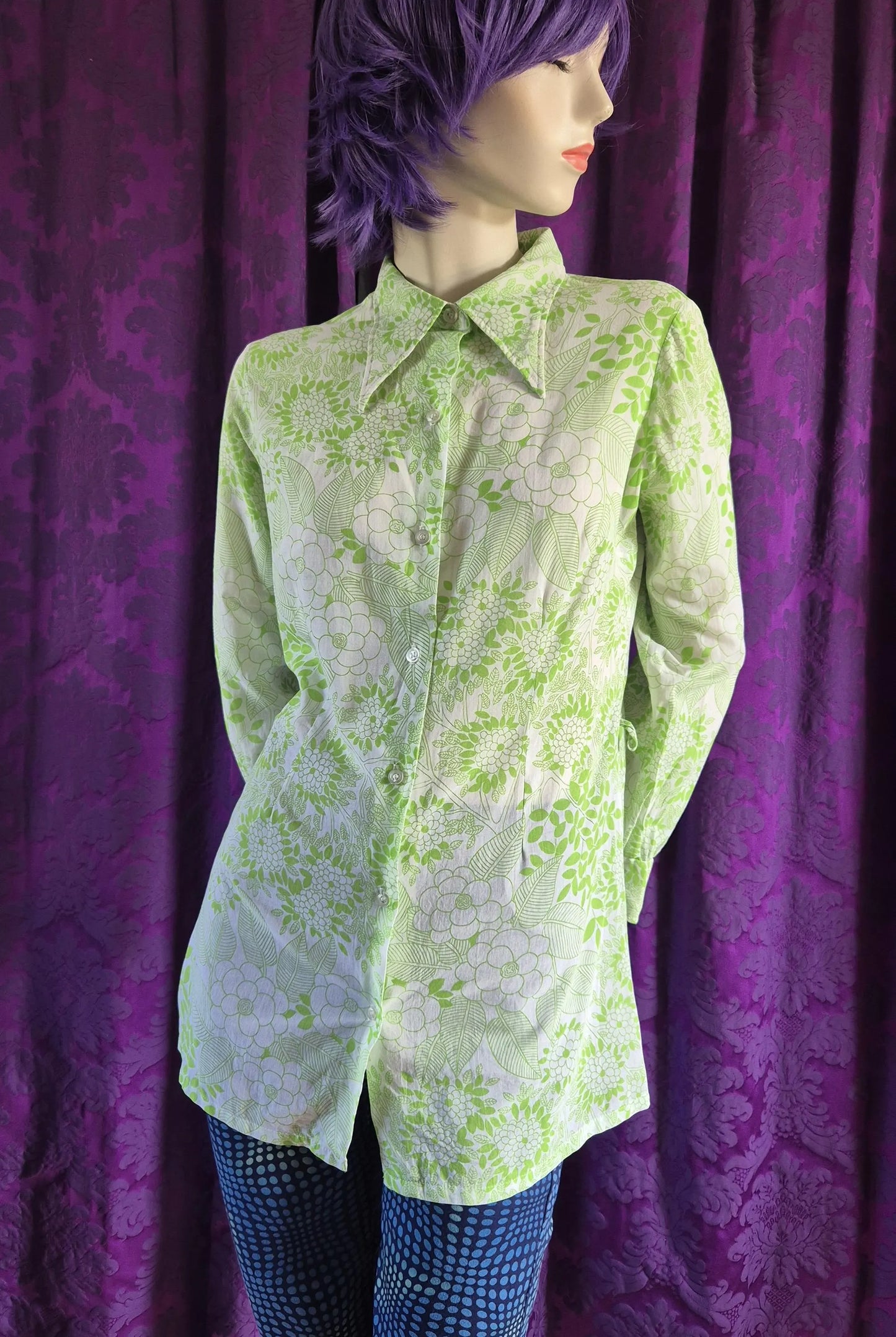 Vintage 1970s Bright Green Floral Print Tunic Blouse
