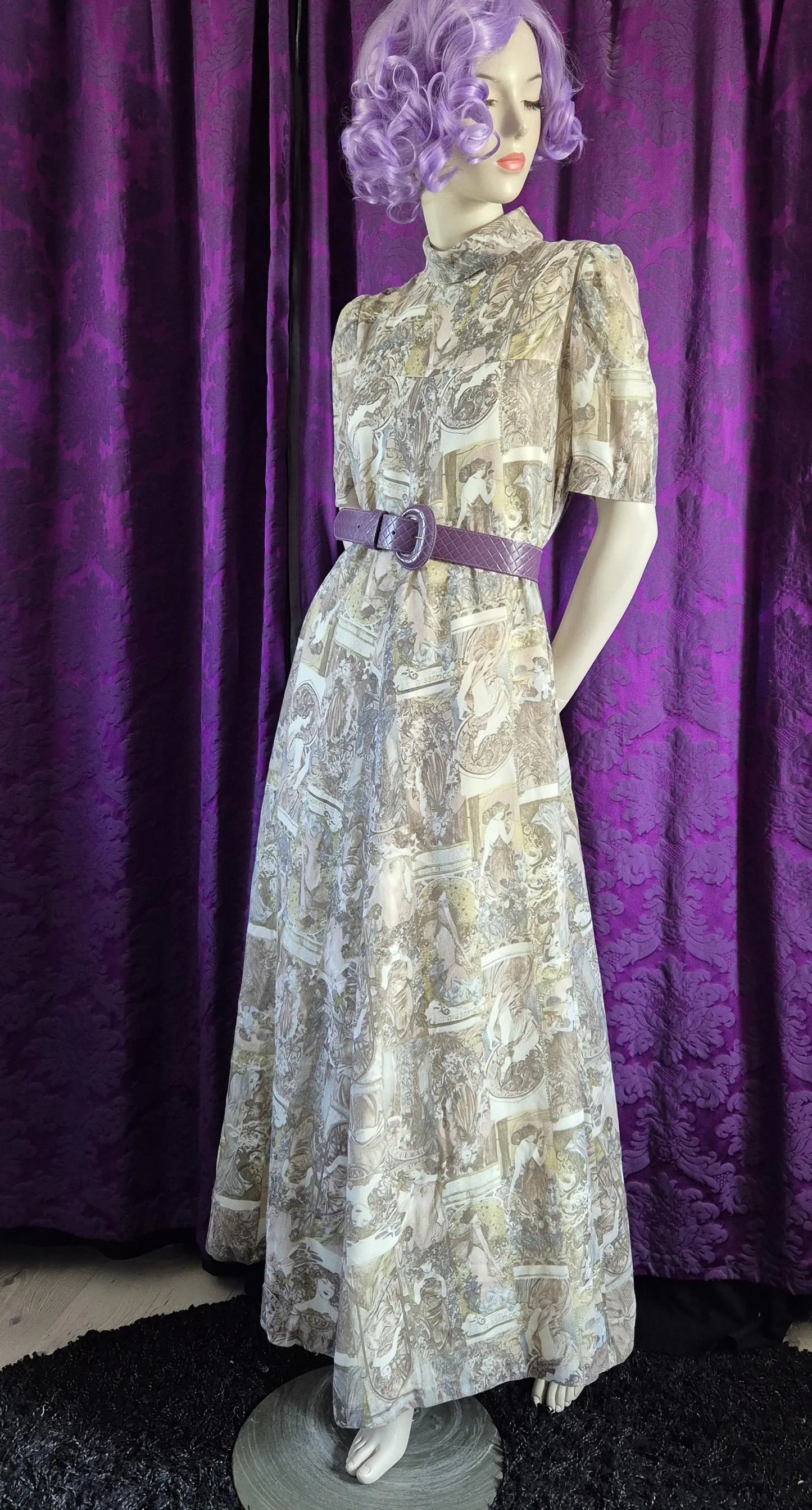 Vintage 1970s Art Nouveau Collage Print Maxi Dress